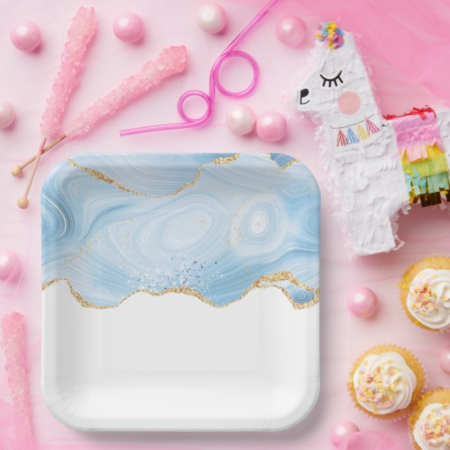 Elegant Cool Blue Agate and Gold Glitter Ribbon Paper Plate (Party)