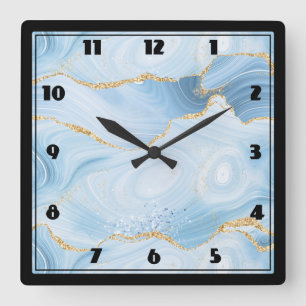 Elegant Cool Blue Agate and Gold Glitter Square Wall Clock