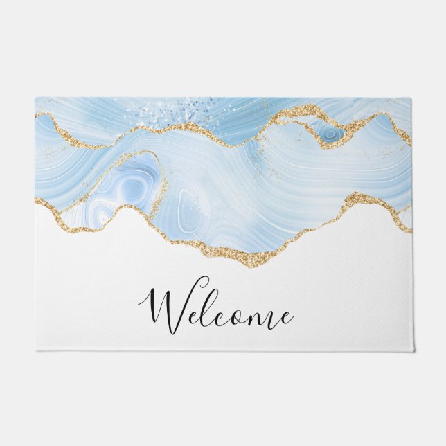Elegant Cool Blue Agate with Gold Glitter Ribbon Doormat (Front)