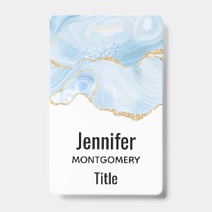 Elegant Cool Blue Agate with Gold Glitter Ribbon ID Badge