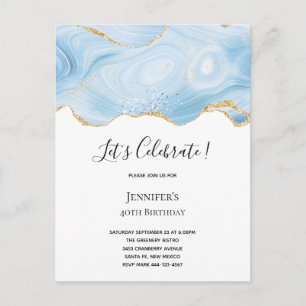 Elegant Cool Blue Agate with Gold Glitter Ribbon Invitation Postcard