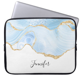 Elegant Cool Blue Agate with Gold Glitter Ribbon Laptop Sleeve
