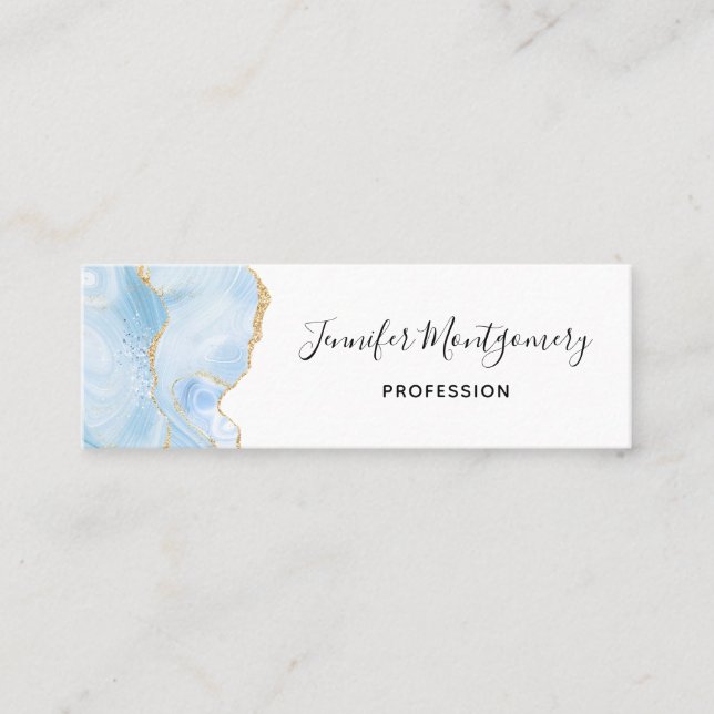  Elegant Cool Blue Agate with Gold Glitter Ribbon Mini Business Card (Front)