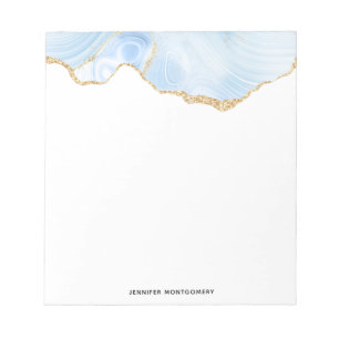 Elegant Cool Blue Agate with Gold Glitter Ribbon Notepad