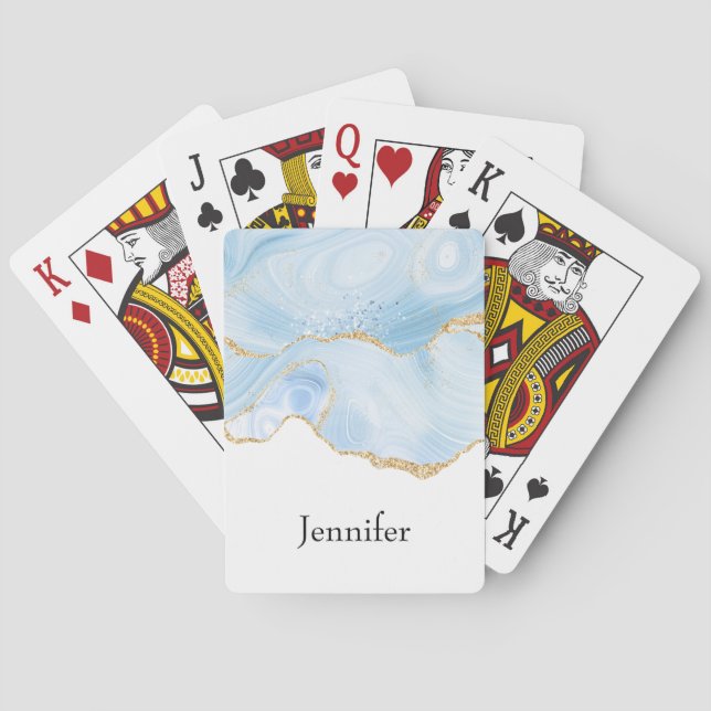 Elegant Cool Blue Agate with Gold Glitter Ribbon Playing Cards (Back)