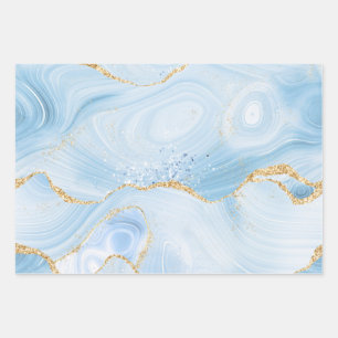Elegant Cool Blue Agate with Gold Glitter Ribbon Wrapping Paper Sheet