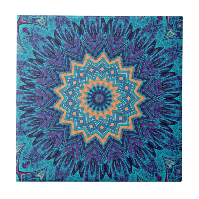 elegant cool blue mandala carpet pattern ceramic tile (Front)