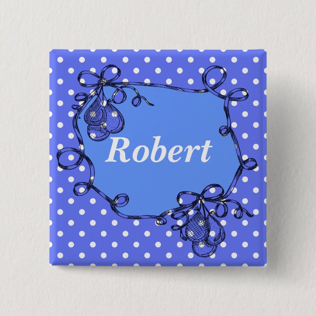 Elegant, cool blue polka dots  Name button (Front)