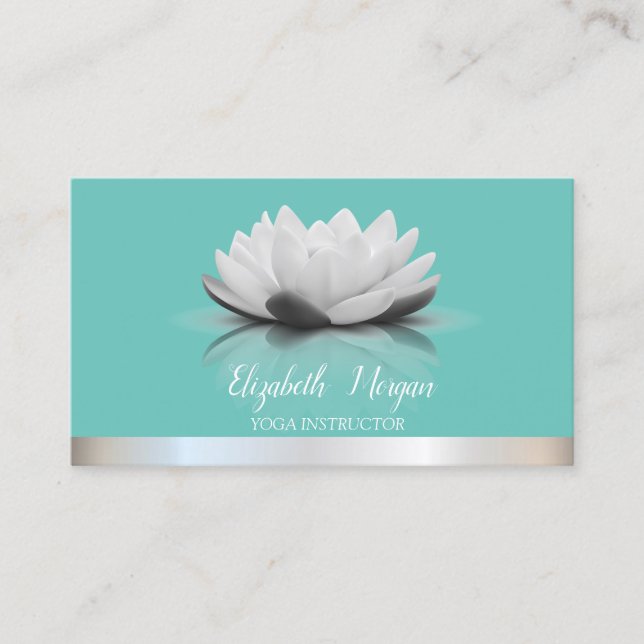 Elegant Cool Lotus Silver Stripe Teal Yoga  Business Card (Front)