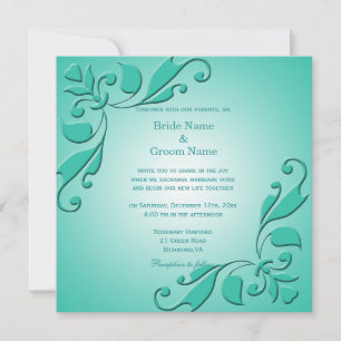 Elegant, cool teal decorative floral wedding invitation