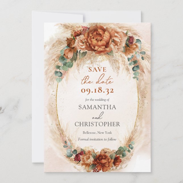Elegant Copper and burgundy flowers greenery  Save The Date (Front)