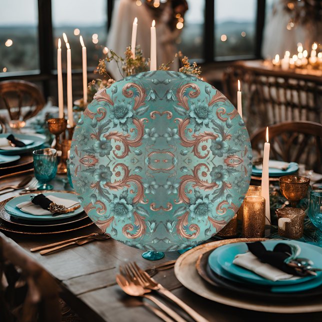 Elegant Copper and Turquoise Floral Pattern  Paper Plate (Creator Uploaded)