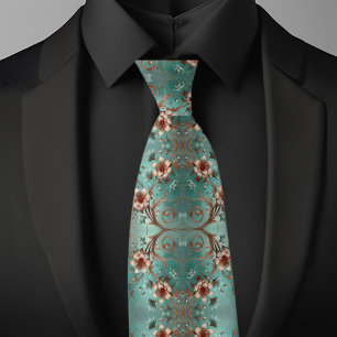 Elegant Copper and Turquoise Floral Pattern  Tie