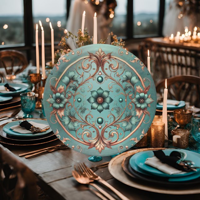 Elegant Copper and Turquoise Floral Ring Paper Plate (Creator Uploaded)