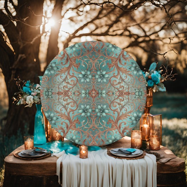 Elegant Copper and Turquoise Flowers Pattern Paper Plate (Creator Uploaded)