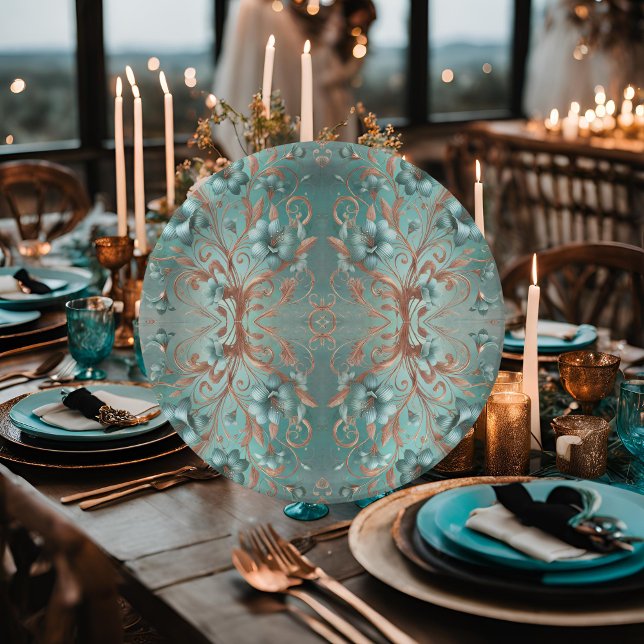 Elegant Copper and Turquoise Minimal Floral Paper Plate (Creator Uploaded)