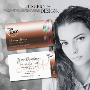 Elegant Copper and White Colourful Stripes add Log Business Card
