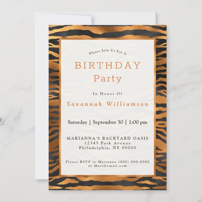 Elegant Copper Black Tiger Print Birthday Invitation (Front)