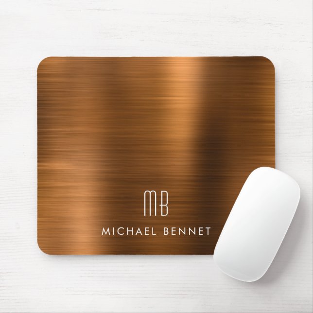 Elegant Copper Brown Metallic Monogram Name Mouse Pad (With Mouse)
