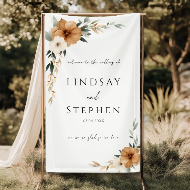 Elegant Copper Earthy White Wedding Banner (Elegant Monogram Copper Earthy White Wedding Banner)