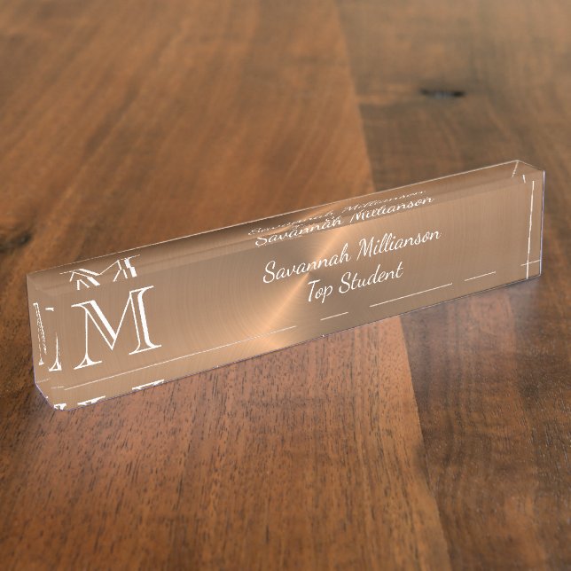 Elegant Copper Faux Metal Monogram Student Nameplate (Side)