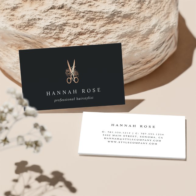 Elegant Copper Floral Scissors Logo Hairstylist Business Card (Creator Uploaded)
