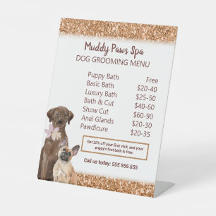 Elegant Copper Glitter Dog Grooming Menu Pedestal Sign