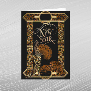 Elegant Copper Gold Leopard Lady Art Deco New Year Holiday Card