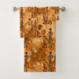 Elegant Copper Gold Tiger Lady Graphic Bath Towel Set