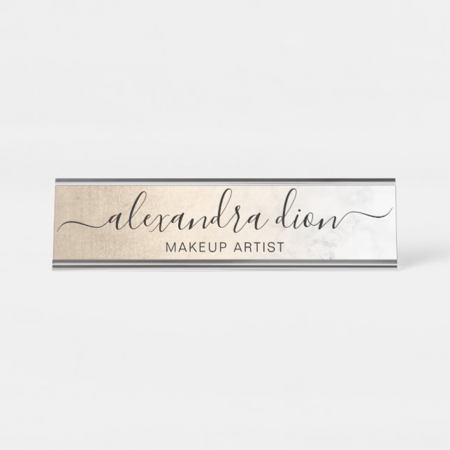 Elegant copper gold white marble makeup artist desk name plate (Front)
