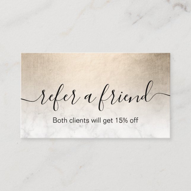 Elegant copper gold white marble makeup artist referral card (Front)