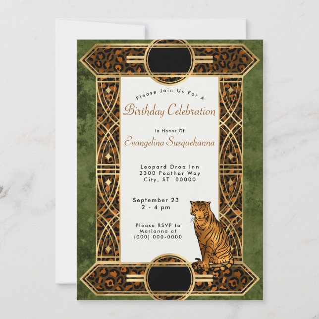 Elegant Copper Green Tiger Art Deco Birthday Invitation (Front)
