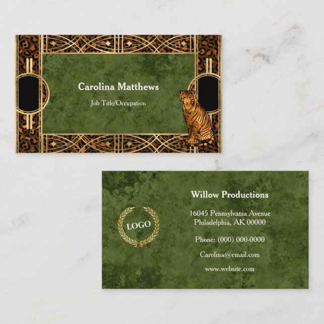 Elegant Copper Green Tiger Art Deco Business Card (Front/Back)