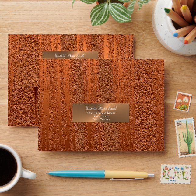 Elegant Copper Metallic Texture Wedding RSVP Envelope (Desk)