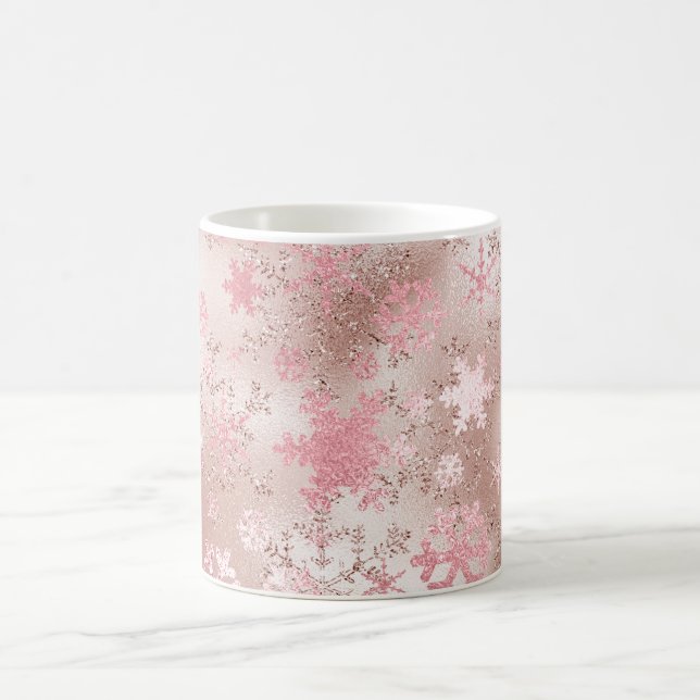 Elegant Copper & Pink Christmas Snowflake Pattern Coffee Mug (Center)