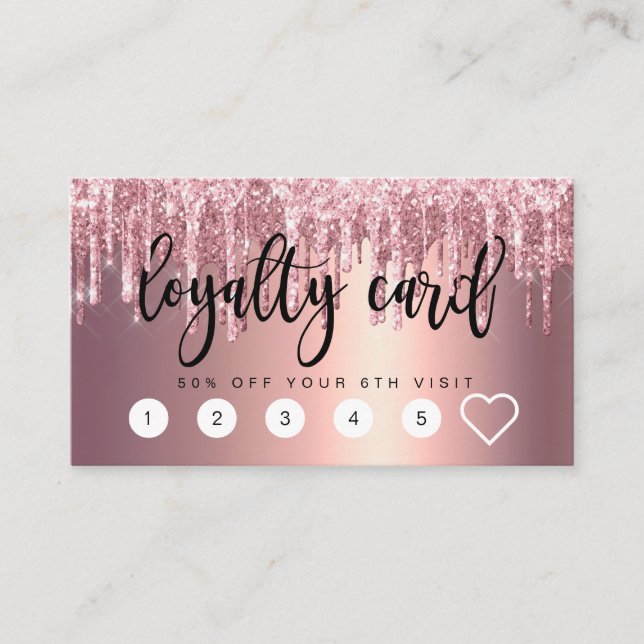 Elegant copper rose gold glitter drip hair stylist loyalty card (Front)