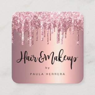 Elegant copper rose gold glitter drips hair makeup square business card