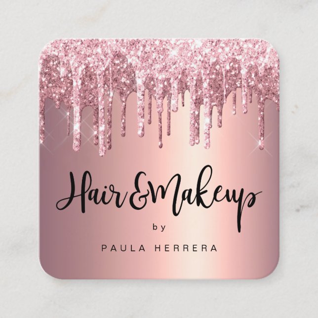 Elegant copper rose gold glitter drips hair makeup square business card (Front)