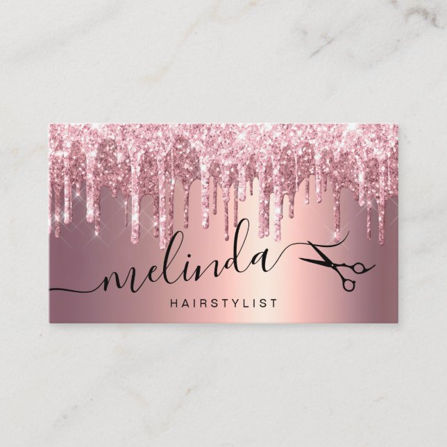 Elegant copper rose gold glitter drips hairstylist business card (Front)