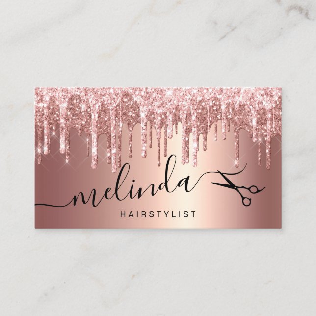 Elegant copper rose gold glitter drips hairstylist business card (Front)
