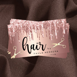 Elegant copper rose gold glitter drips hairstylist business card