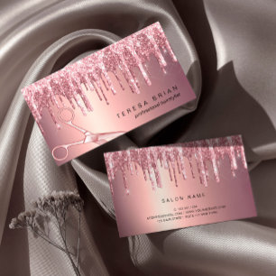 Elegant copper rose gold glitter drips hairstylist business card