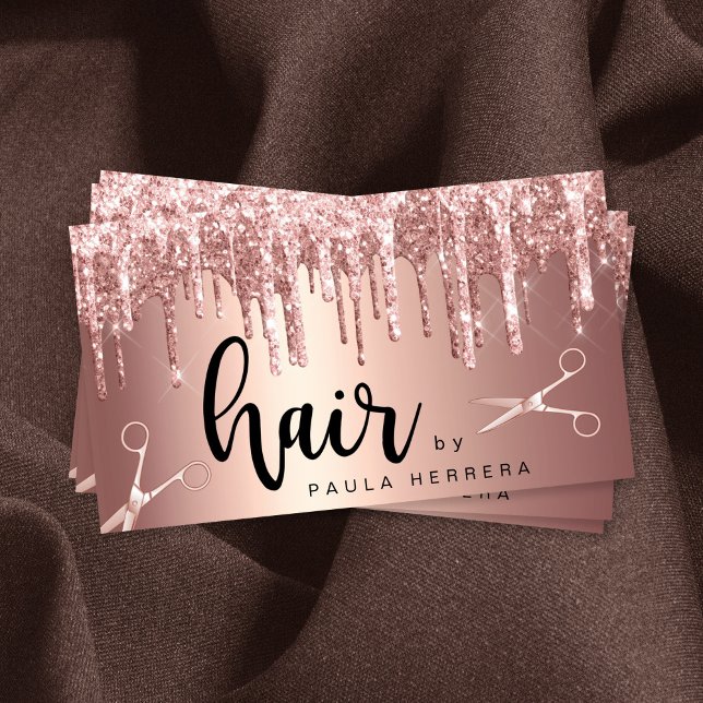 Elegant copper rose gold glitter drips hairstylist business card (Creator Uploaded)