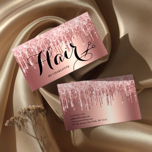 Elegant copper rose gold glitter drips hairstylist business card (Creator Uploaded)