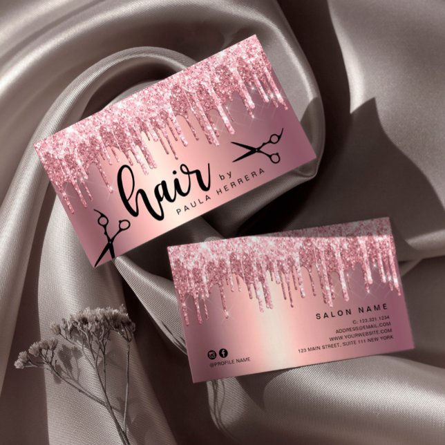 Elegant copper rose gold glitter drips hairstylist business card (Creator Uploaded)