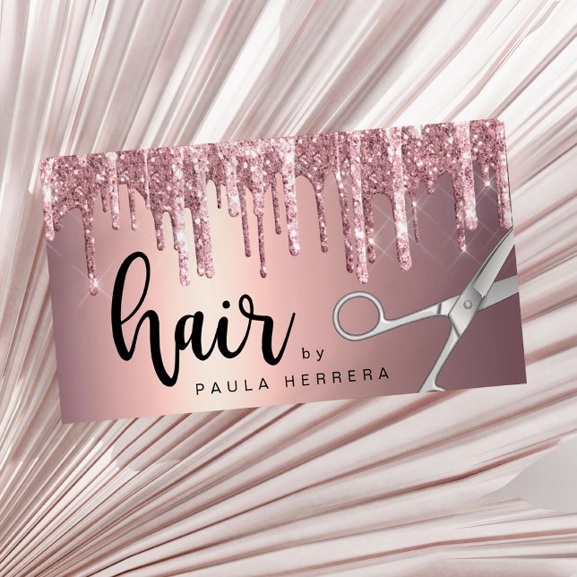 Elegant copper rose gold glitter drips hairstylist business card (Creator Uploaded)