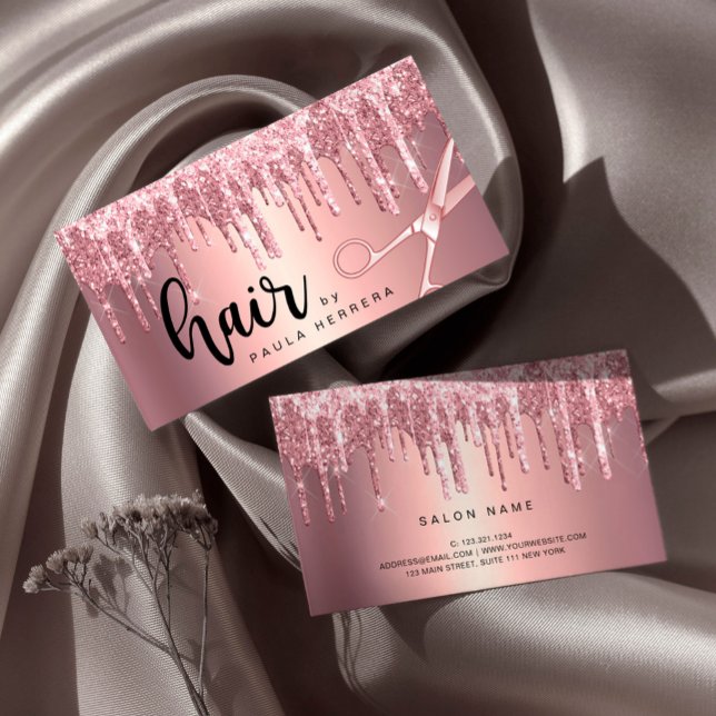Elegant copper rose gold glitter drips hairstylist business card (Creator Uploaded)