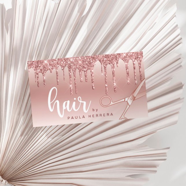 Elegant copper rose gold glitter drips hairstylist business card (Creator Uploaded)