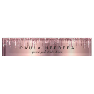 Elegant copper rose gold glitter drips makeup nameplate