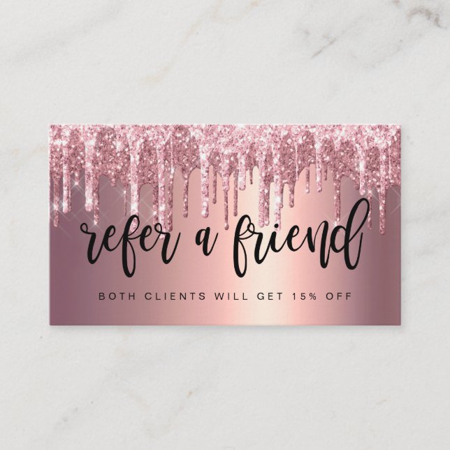 Elegant copper rose gold glitter drips makeup referral card (Front)